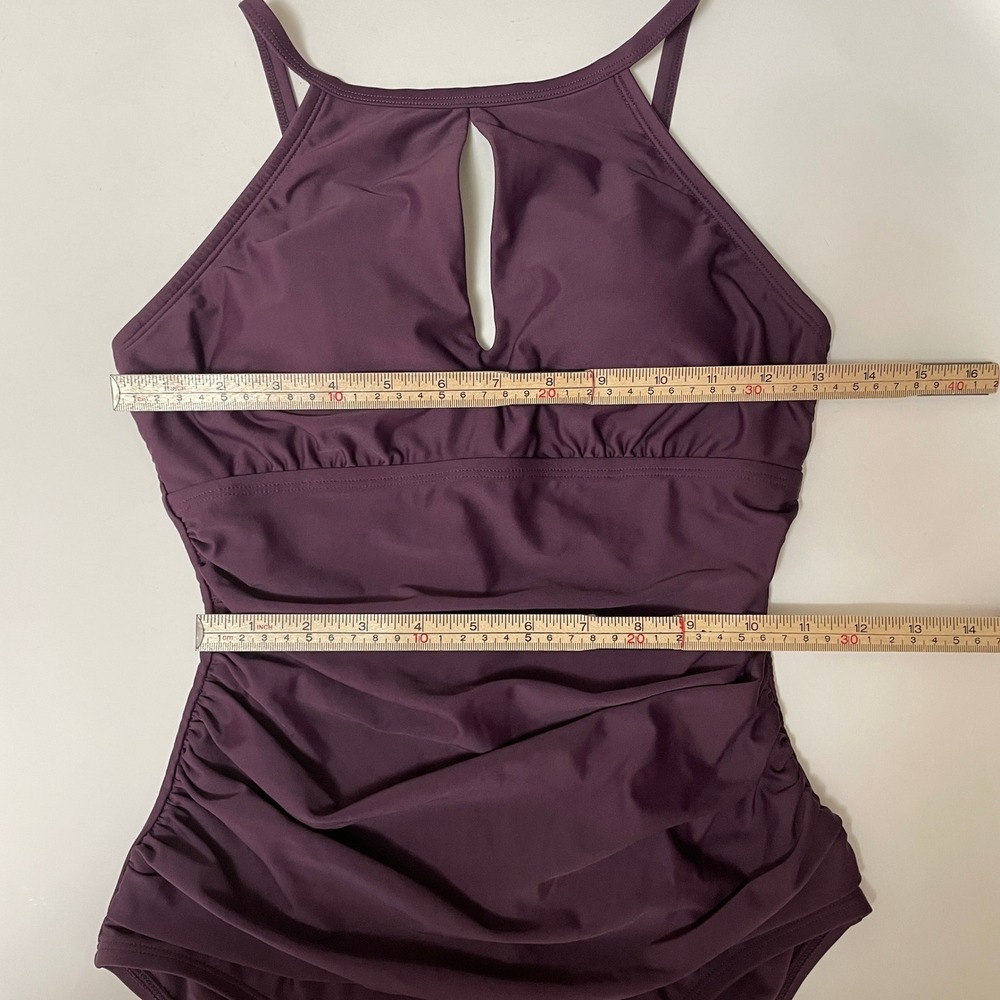 Ellen Tracy Women Plum Purple Ruched Keyhole High Neck One Piece Swimsuit Size 6 - Picture 5 of 6